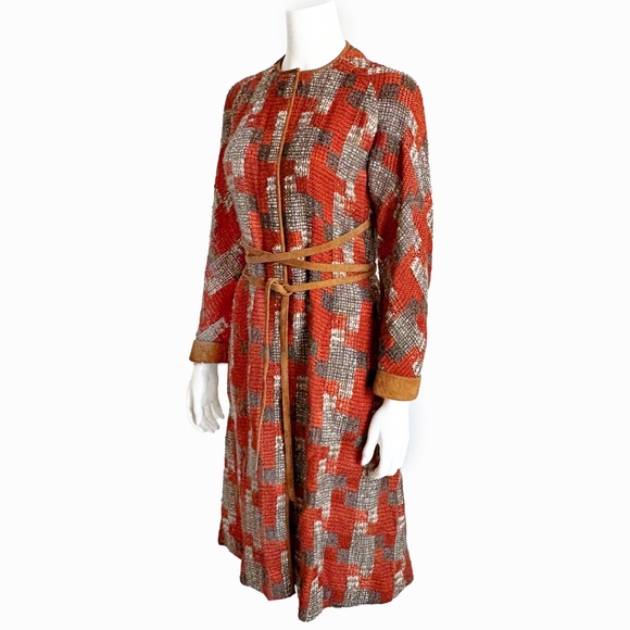 Bonnie Cashin for Sills Coat Abstract Tweed Knit Suede Trim Tie Wrap Waist 60s - Picture 6 of 10